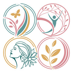 Elegant circular emblems with nature and human motifs nature inspired human figure