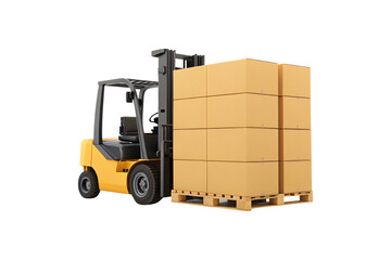 Yellow forklift truck carrying stacked cardboard boxes on wooden pallet, isolated on a transparent background