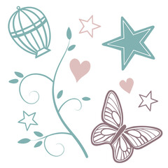 Delicate floral vine butterfly and stars leaves