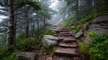Stone steps into misty mountain forest