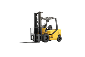 Heavy-duty forklift vehicle with pneumatic tires and hydraulic lifting mechanism, isolated on a transparent background