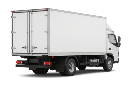 A white delivery truck parked on a street, showcasing its spacious cargo area, ideal for transporting goods efficiently.