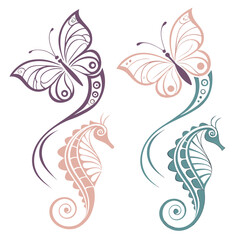 Elegant purple and teal seahorses with pink butterflies butterfly