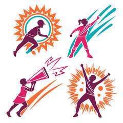 Energetic figures celebrating and announcing with vibrant abstract elements celebration