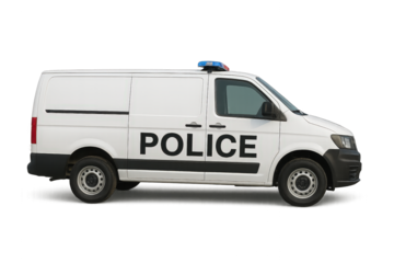 Closeup of a police van with clear markings and emergency lights, showcasing law enforcement vehicle design.