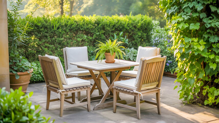Obraz premium A serene garden patio scene with a wooden dining set in the center.