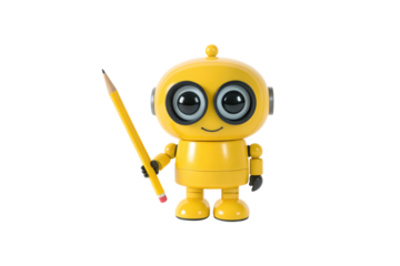 Round yellow robot with big eyes holding yellow pencil, friendly robotic character with antenna, isolated on a transparent background