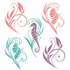 Obraz premium Floral seahorse and butterfly designs swirl vine