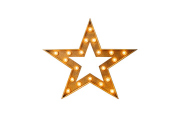 Golden outline star with bright bulbs creating hollow center marquee design, isolated on a transparent background