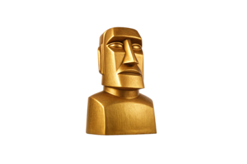 Golden Easter Island moai statue with stoic expression and traditional features, isolated on a transparent background