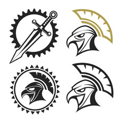 Eagle warrior emblems with sword and gear eagle head