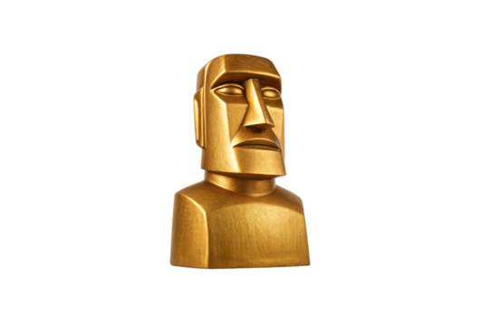 Golden Easter Island moai statue with stoic expression and traditional features, isolated on a transparent background