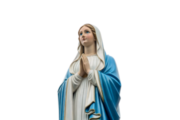 Virgin Mary statue in blue and white garments looking upward prayerfully, isolated on a transparent background