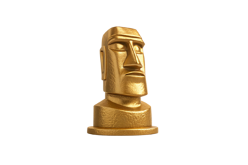 Golden Easter Island moai statue with textured surface and solemn facial expression, isolated on a transparent background