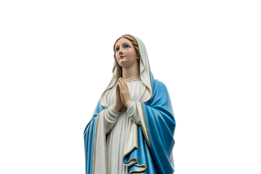 Virgin Mary statue in blue and white garments looking upward prayerfully, isolated on a transparent background