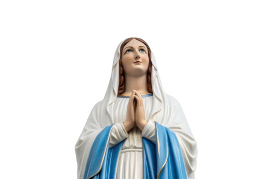 Virgin Mary statue in traditional white and blue robes with serene expression, isolated on a transparent background