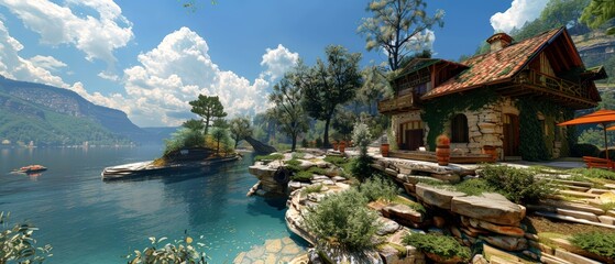 Scenic Lakeside House with Lush Landscape. This image features lake, house, landscape, nature, and more, offering a clear depiction of