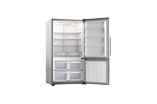 Modern stainless steel four-door refrigerator with freezer compartments open displaying empty interior, isolated on a transparent background