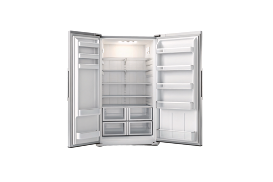 Large capacity side-by-side refrigerator with both doors open revealing spacious empty interior, isolated on a transparent background