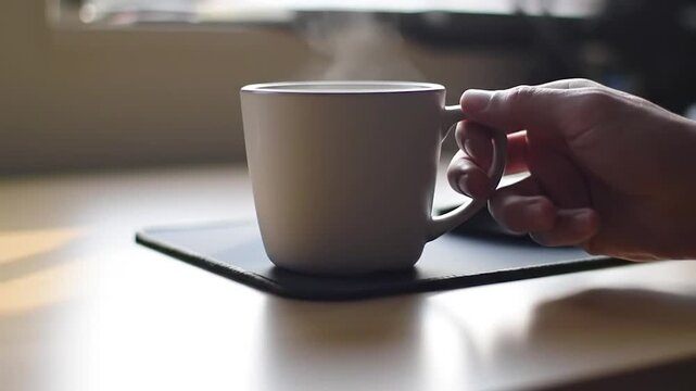 Hand holds steaming mug