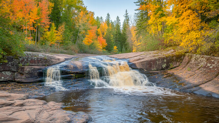A stunning autumn landscape photograph of a cascading waterfall in Minnesota's North Shore