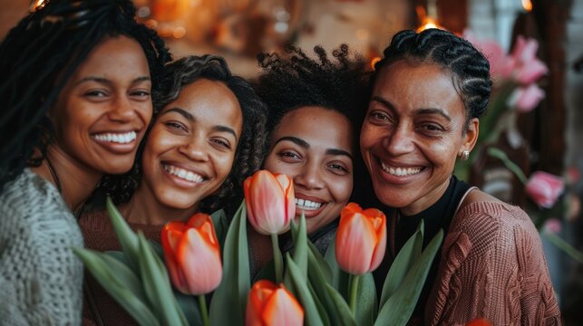 Smiling Black Women with Beautiful Tulips. This image features women, black, African-American, friends, and more, offering a clear depiction of