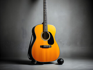 A guitar is sitting on a grey surface