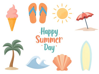 Collection of summer-themed illustrations including ice cream, beach, and sun.