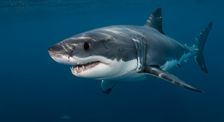 A magnificent great white shark swims powerfully in the ocean, showcasing its formidable teeth and sleek underwater physique in the deep blue.