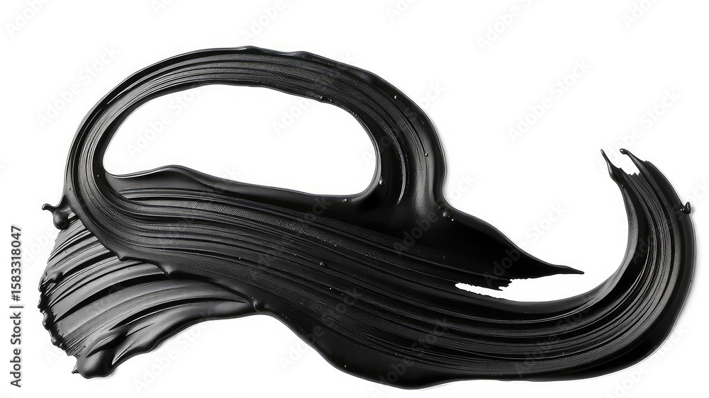 Poster thick, opaque black fluid forms curvilinear pattern with subtle ripples and textural depth on a clea
