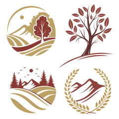 Golden brown and maroon nature landscape icons tree mountain