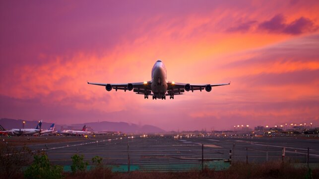 Large commercial wide-body jet (Boeing 747-like) taking off from runway at airport during colorful sunset, other planes in background, aviation and travel scene.