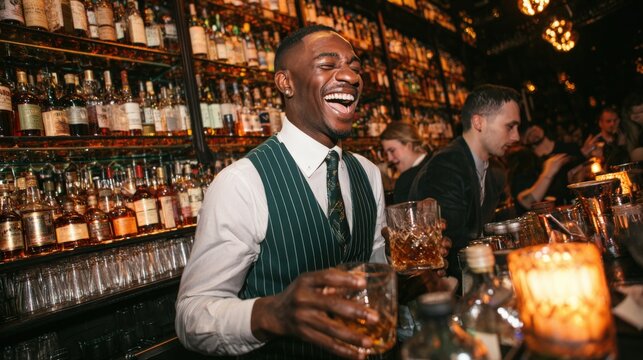 Bartender laughing and juggling bottles in high-end cocktail lounge