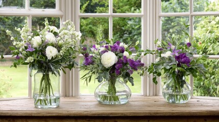 Three glass vases with white blooms, purple blossoms, greenery on wooden surface by white-framed double-paned window, serene natural home decor scene.