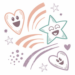 Happy cartoon hearts and stars with brush stroke accents cheerful