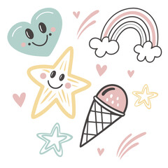 Happy heart star ice cream rainbow clouds vector