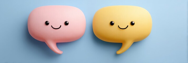 Creative Overlapping Speech Bubbles Filled With Happy Emoji Faces on a Soft Blue Backdrop Showcasing Playful Communication and Interaction