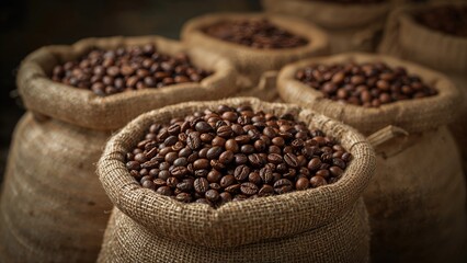 Coffee beans piled in multiple burlap sacks with textured fabric on a wooden surface in a rustic setting