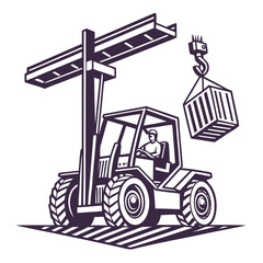 Heavy duty forklift lifting container with overhead crane vector