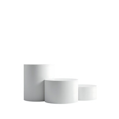 Three white cylindrical pedestals of varying heights arranged on a transparent background isolated on transparent background