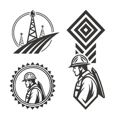 Industrial worker and oil rig emblems logo