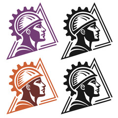 Industrial worker profile with gear helmet and triangle frame vector
