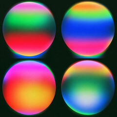 Digital illustration featuring four glowing, gradient-filled circles with neon colors—pink, blue, green, yellow—on a black background, creating a dreamy, futuristic look.