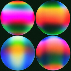 Digital illustration featuring four glowing, gradient-filled circles with neon colors—pink, blue,...