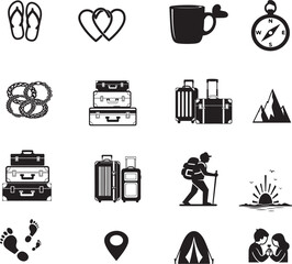 Romantic hiking and camping vector set – coffee mugs, heart footprints, mountain sunset, slippers, location map, couple love, travel bags, outdoor adventure, suitcase variety, two heart shapes.