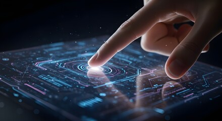 Fototapeta premium Futuristic finger touch on glowing digital interface. Technology, innovation, and human-machine interaction in a modern high-tech environment.