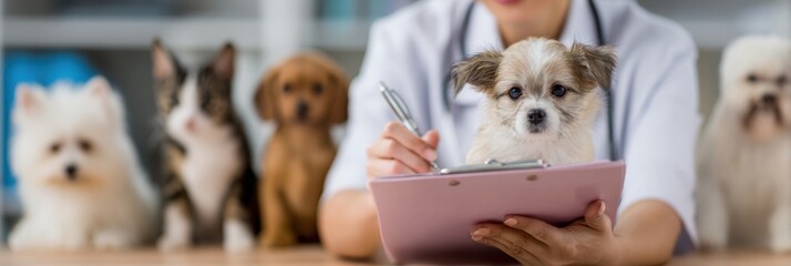 Young Veterinary Professional Assisting Clients at Clinic With Pet Models and File Folder on Desk