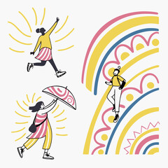Joyful figures with umbrella and abstract rainbow people yellow