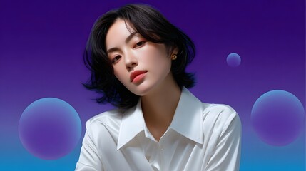 Captivating woman in white shirt against abstract blue background