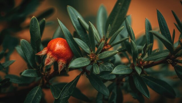 Close-up perspective of blooming pomegranate buds with fresh green leaves - Powered by Adobe